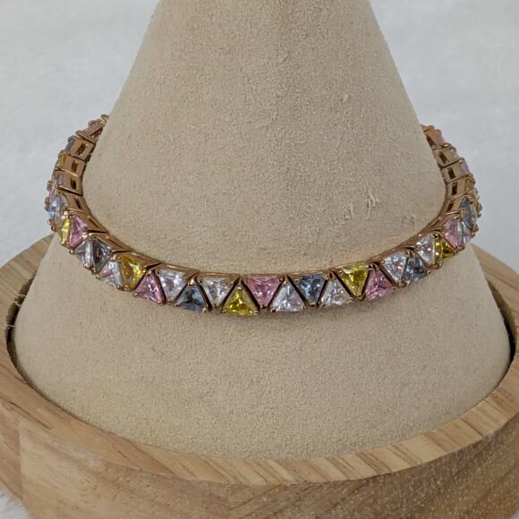 925 CZ Rainbow Trillion Cut Tennis Bracelet 7.5" Gold Vermeil Colorful Stones - Picture 2 of 7